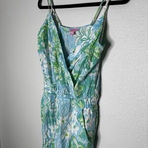 Lilly Pulitzer Women's Jumpsuit Size M Blue Green Floral Wrap Style 98622 Rayon